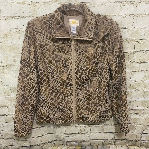 Morgan Cole Brown Beige Faux Leather Fleece Animal Print Jacket - Picture 1 of 4